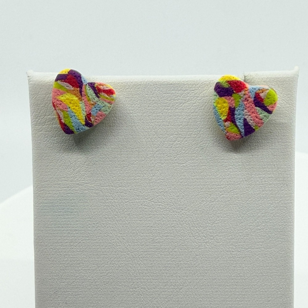 VTG Y2K Retro Multicolor Polymer Clay Heart Stud Earrings - Funky & Bright